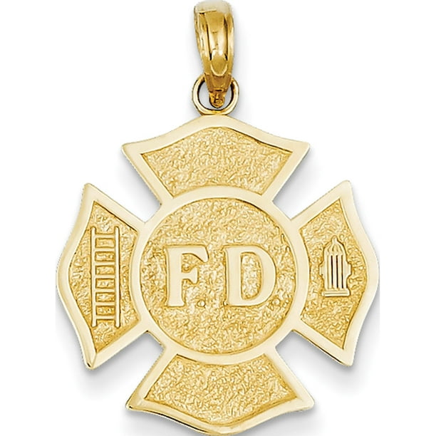 Polished White Gold Textured Fire Department Firefighter Badge Pendant